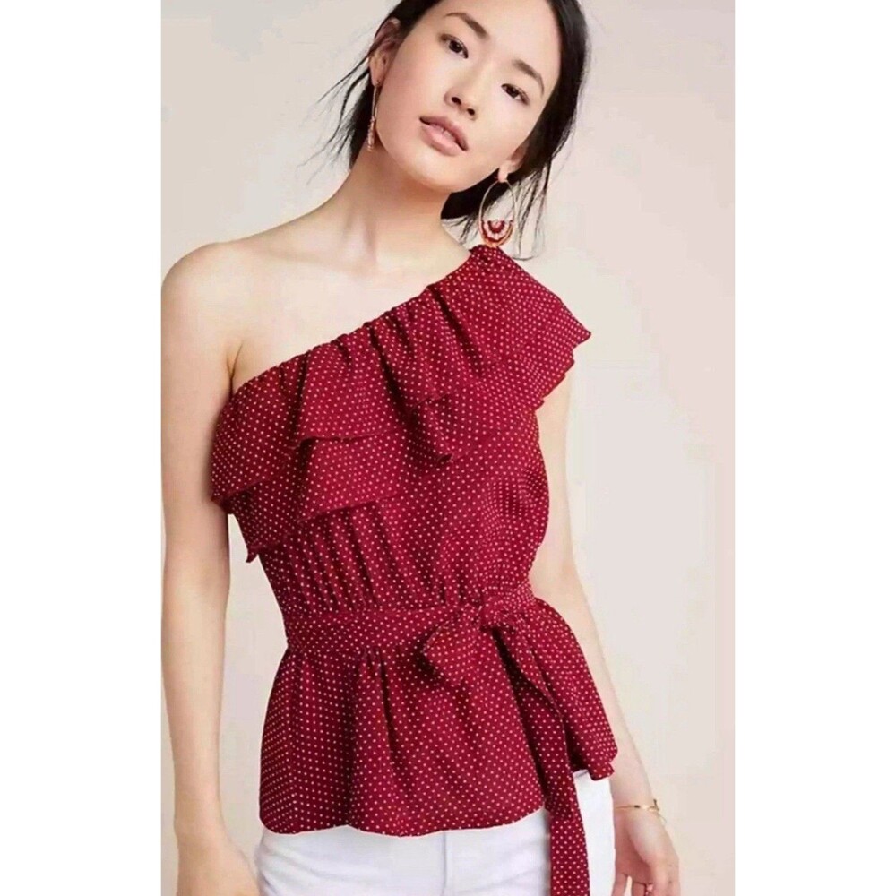 Anthropologie Maeve Red Rita Ruffled One Shoulder Top Blouse Small Polka Dot